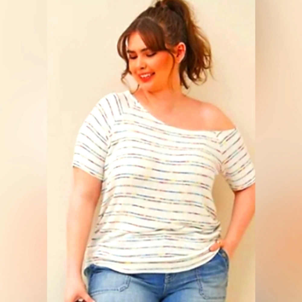 TORRID Off-Shoulder Striped Short Sleeved Raglan Sweater Tee Top